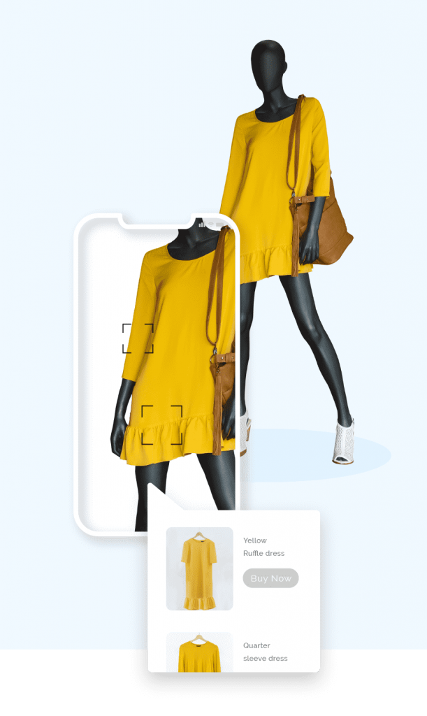Mannequin wearing a yellow dress, white shoes, and brown handbag, with a mobile phone screen overlaid and a call out box displaying variations of the yellow dress